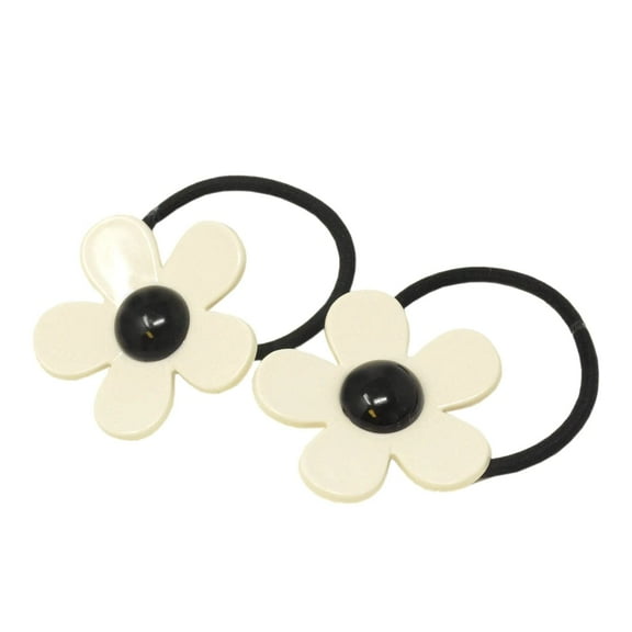 Parcelona French Daisy Ivory & Black Small Thin Set of 2 Elastic Ponytail Hair T