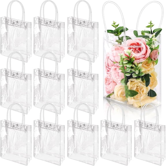 Dyrfolm 24 Clear Plastic Gift Bags with Handle, Reusable Transparent Plastic Gift Wrap Tote Bags for Party Favor Shopping Wedding (5.9"x7.8"x2.7")