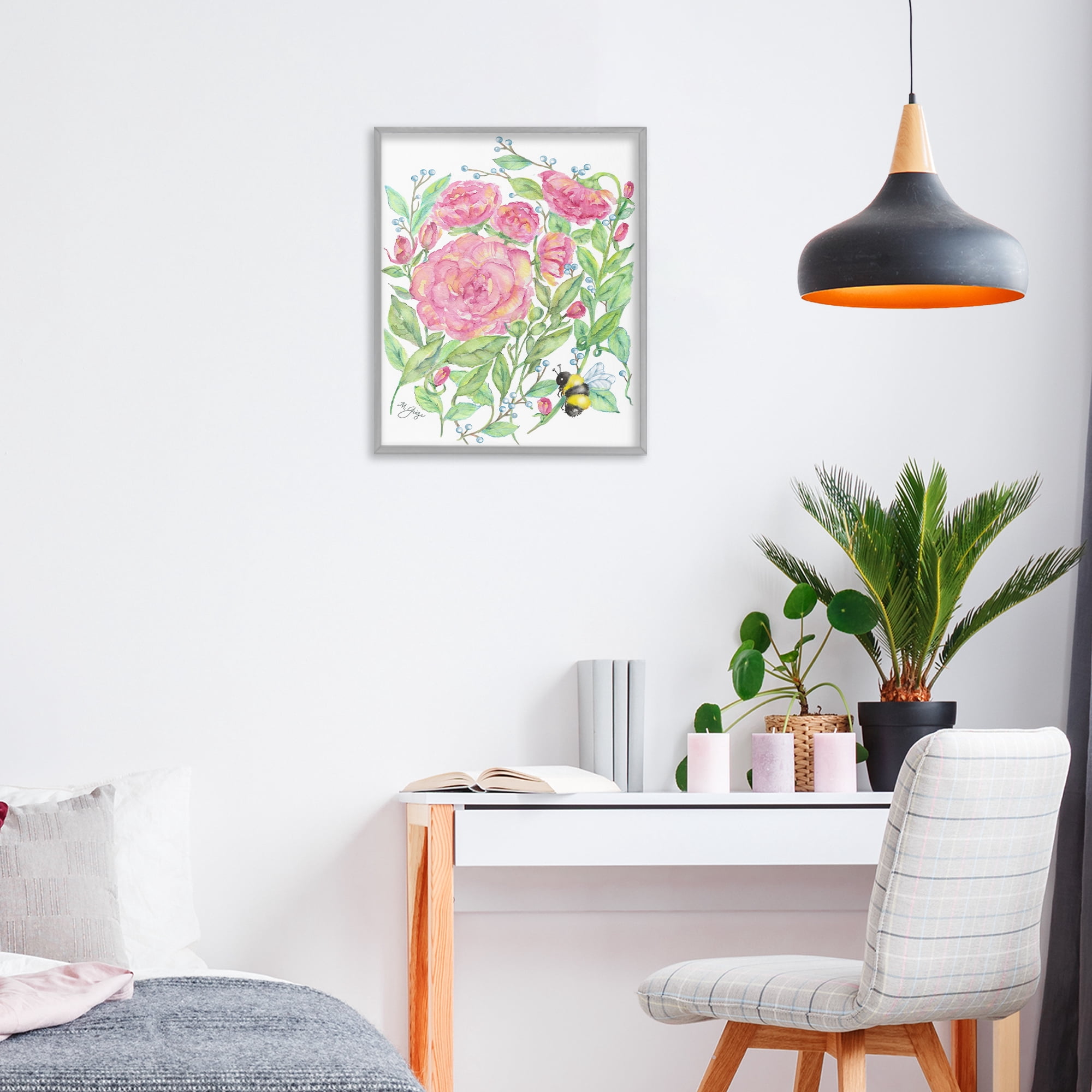 Stupell Industries Peony & Bumble Bee Gray Framed Giclee Art, design by Maureen Grigs