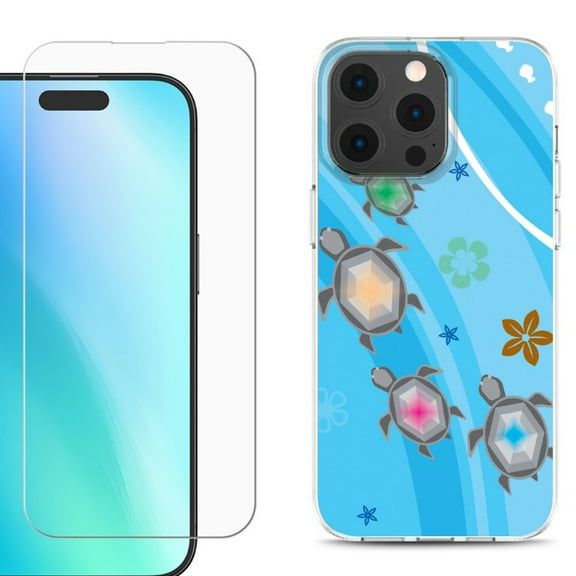 For iPhone 16 Pro Phone Case Cover, Shockproof Case with Tempered Glass Screen Protector, by OneToughShield - Happy Turtle