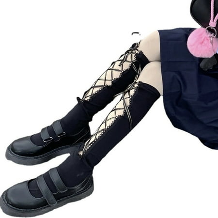 

Women Gothic Kawaii Cotton Knee High Socks Japanese Style Criss-Cross Lace-Up Ribbon Bandage Bowknot Harajuku Lolita Student Stockings Hosiery