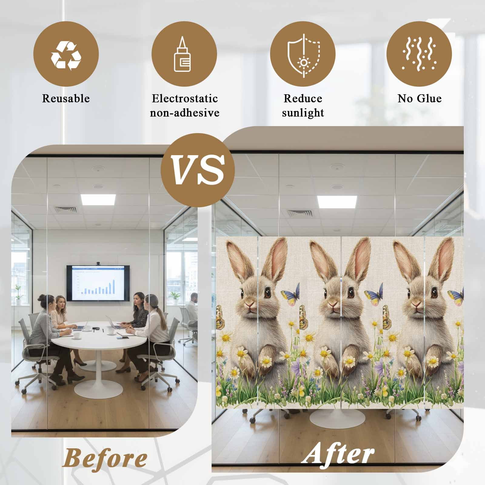 Bunny Window Privacy Film, Easter Rabbit Frosted Glass Window Clings Static Cling UV Heat Blocking Reusable Door Sticker for Bathroom 29.5 x 118 Inch