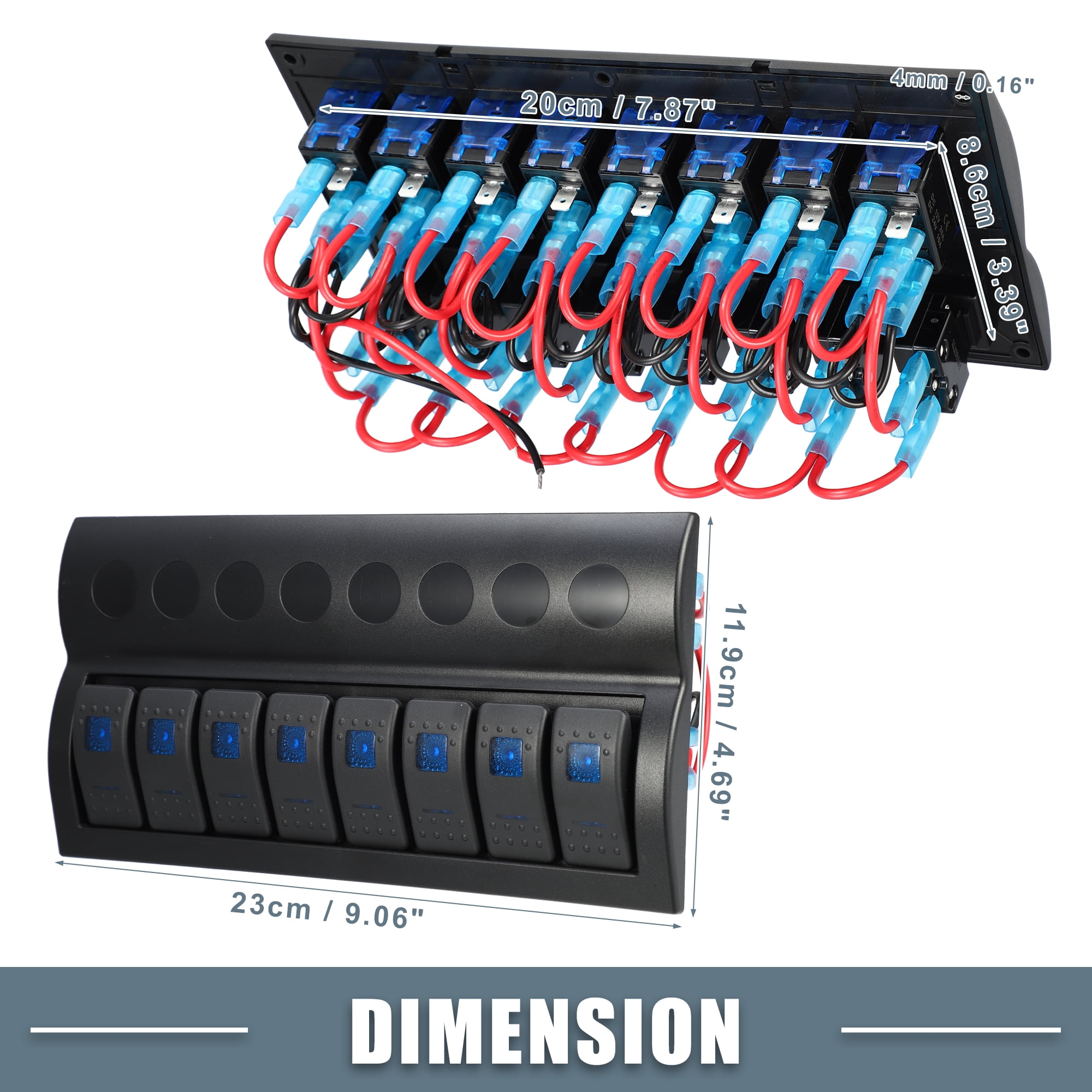 8 Gang Auto Rocker Switch Panel Waterproof 5 Pin Toggle Switch Control Blue LED Light Push Button Black