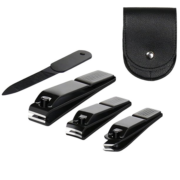 Juego de cortaúñas de 4 piezas, cortaúñas ultraafiladas y resistentes de acero inoxidable negro, cortadores de uñas de los pies y una lima nial con bolsa de viaje de cuero (bolsa negra y negra)
