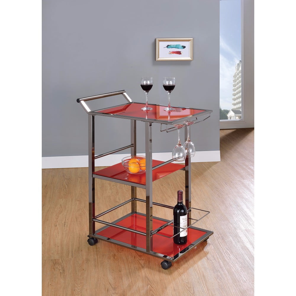 Functional Metal And Glass Serving Cart with Wine Storage, Red