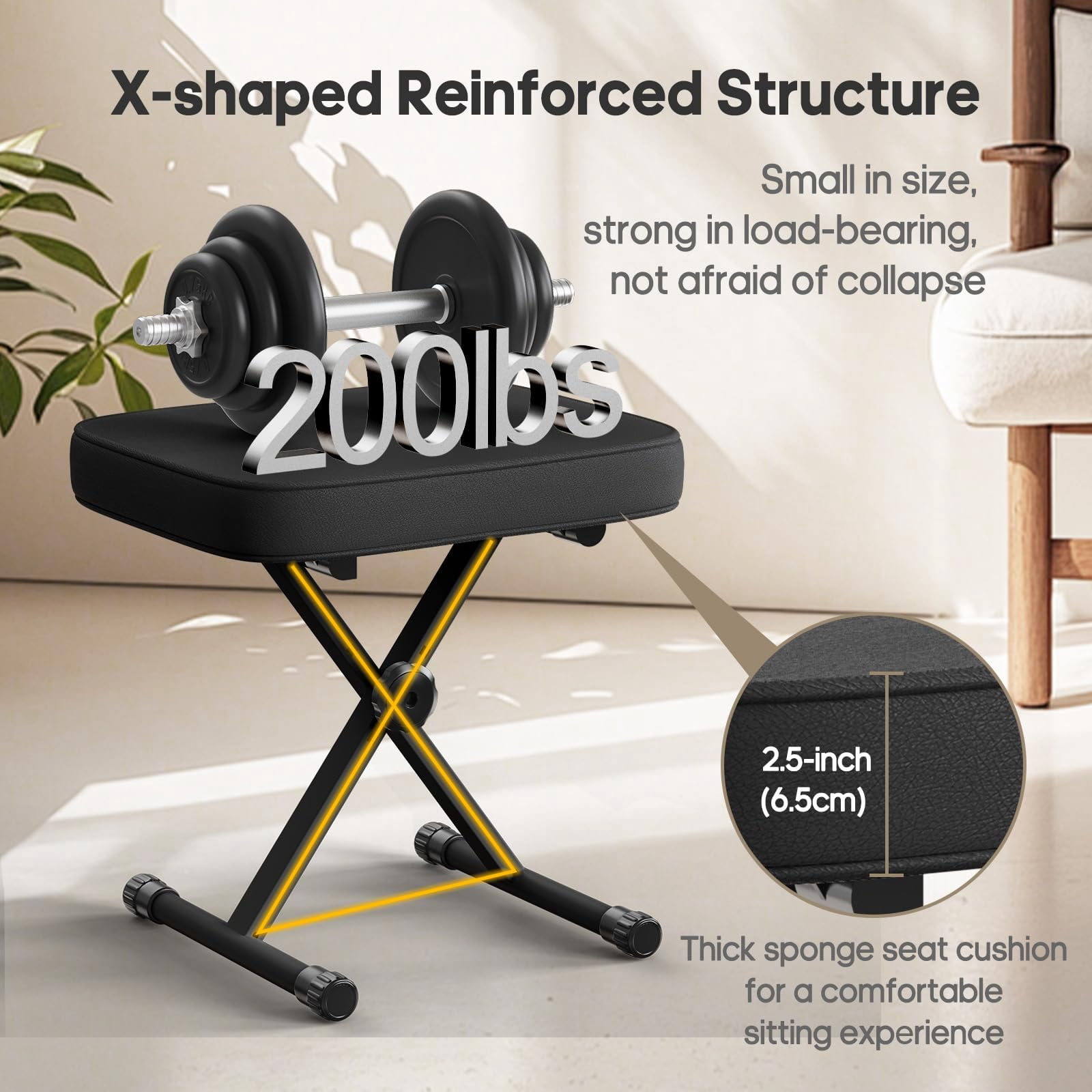 Adjustable Padded Keyboard Bench  X-style Collapsible Piano Guitar Stool With 2.56 Inch Thickness High-density Sponge And 3-position Height Waterproof Non-skid Design Black