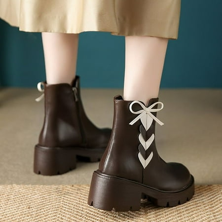 

Tawop Women Summer Shoes Leather Shoes Boot Thick Sole Zipper Combat Boot Round Toe Boot Rubber Brown 39(Us:7)