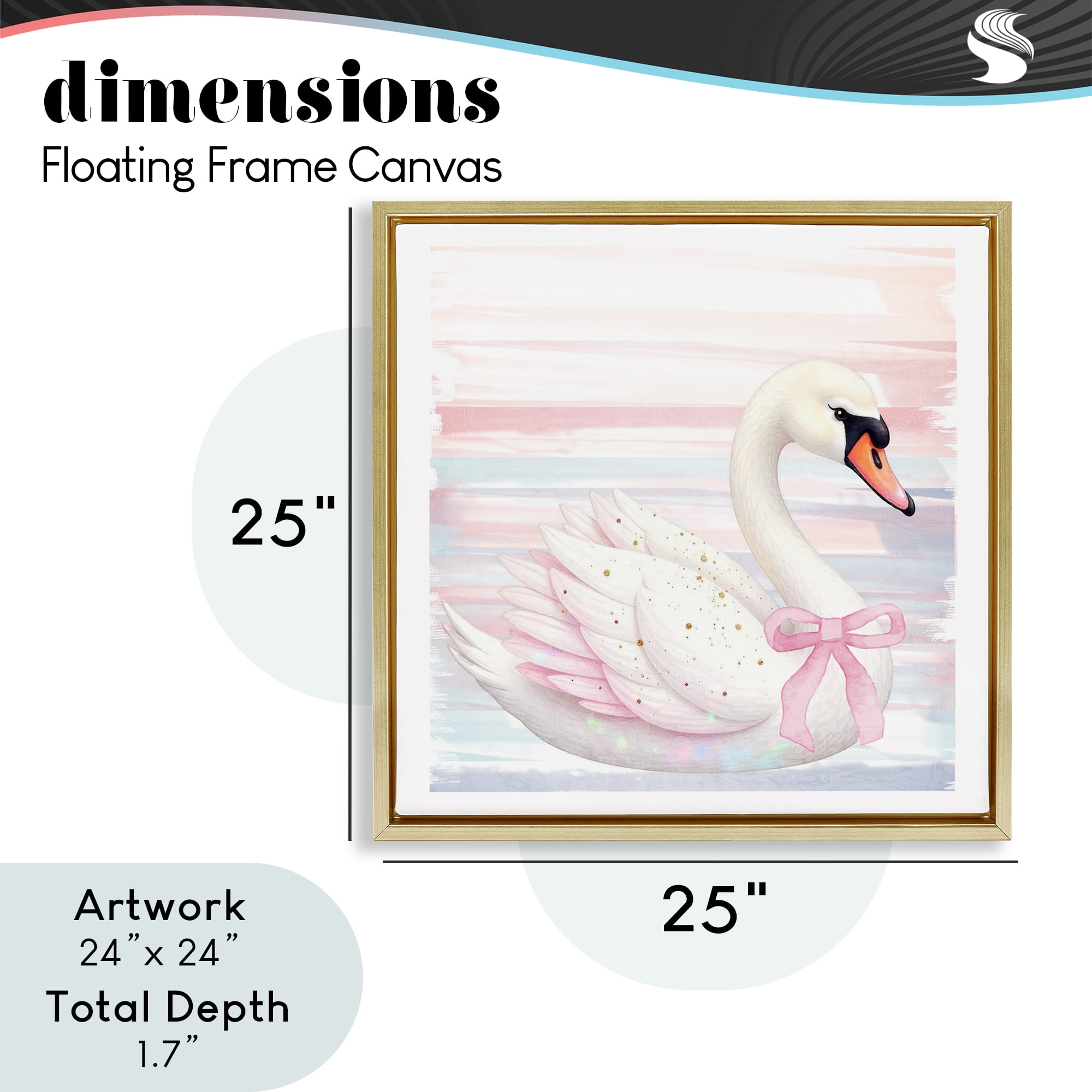 Pink Swan with Ribbon Gold Framed Floater Canvas Wall Art, design by Kim Allen