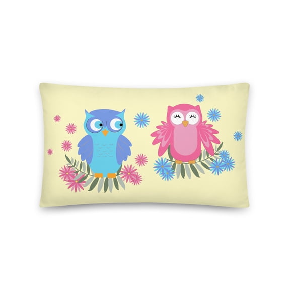 Blooming Skies 20"x12", Yellow Pink Blue Owls, Home Decor, Decorative Accent Pillow