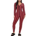 thumbnail image 4 of Women Christmas Plaid Long Sleeve Jumpsuit Pajamas Buttons Deep V Neck Long Onesies Sleepwear Nightwear, 4 of 7