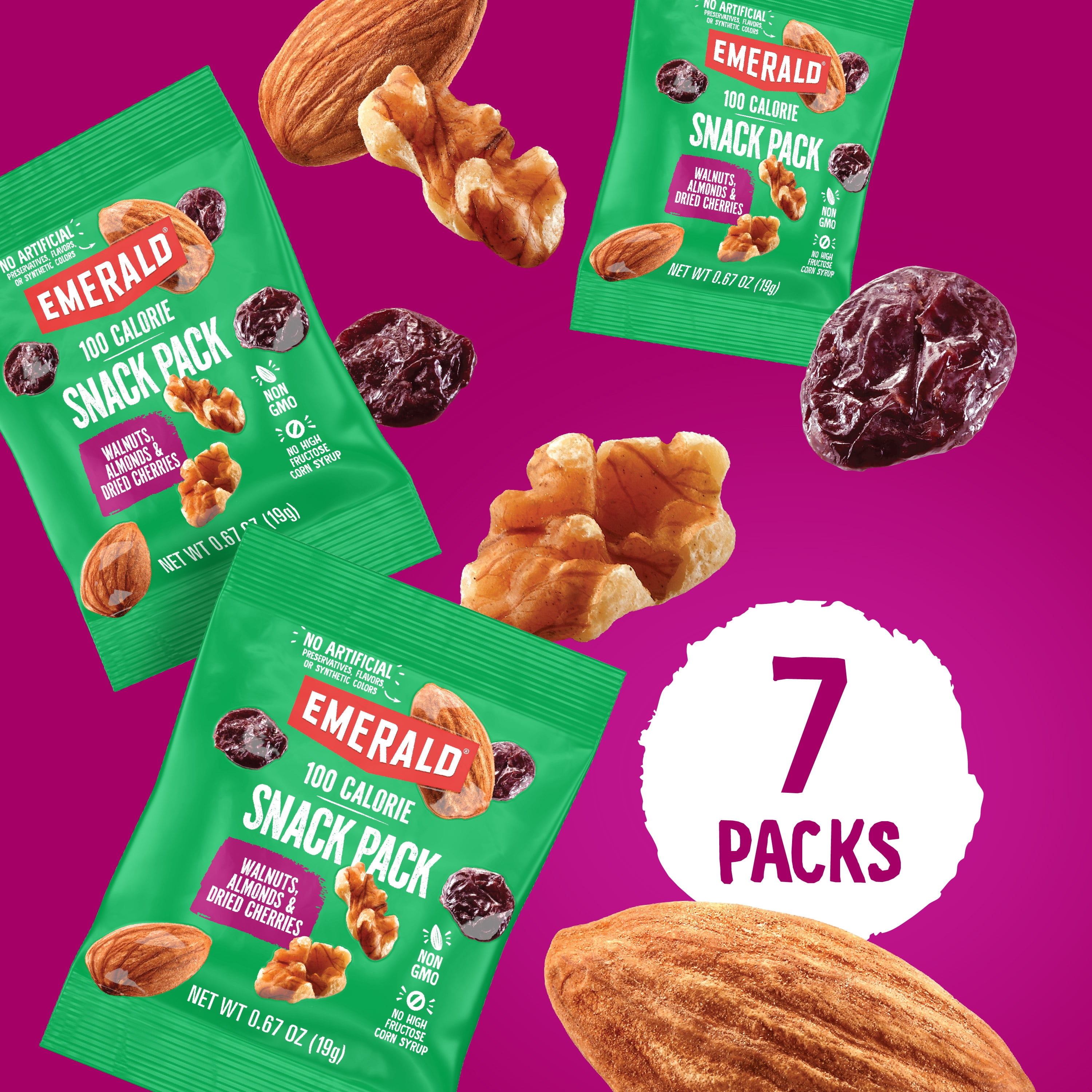 Emerald Nuts Roasted and Salted Cashews & Walnuts & Almonds with Dried Cherries, 100 Calorie Pack, 7 CT Each (Variety Pack)