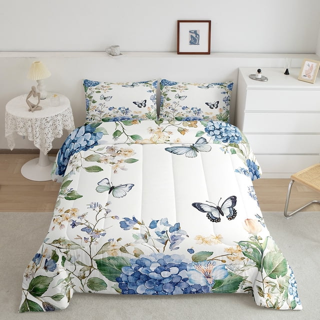 Erosebridal Blue Floral Bedding Comforter Set, Cartoon Butterfly Down Comforter, Spring Plant Reversible Comforters & Duvets, Ultra Soft Room Decor, 2 Pieces