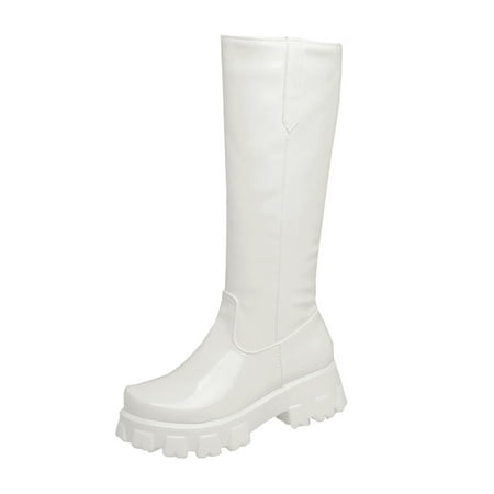 

Mackneog Ladies Solid Color Bright Round Toe Thick Sole Vintage Long Boots Gift on Clearance