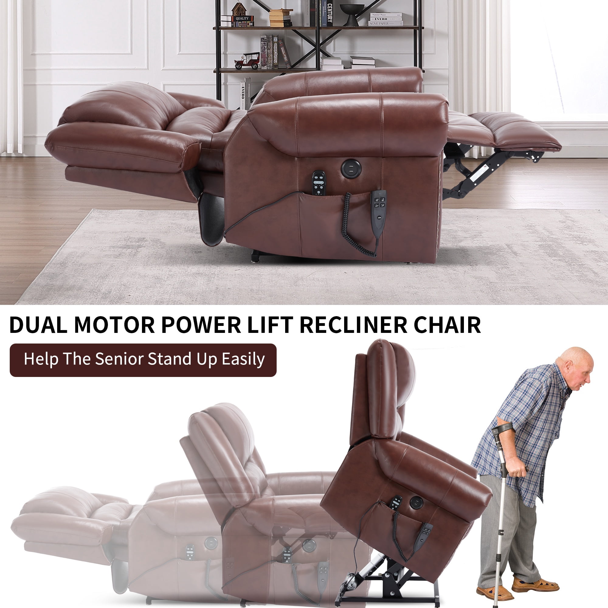 LEGAHOME Genuine Leather Power Lift Recliner Chair, Electric Infinite Position Lift Chair for Elderly with Heated and Massage, Reclining Sofa with USB Charging Port and Dual Motor, Red