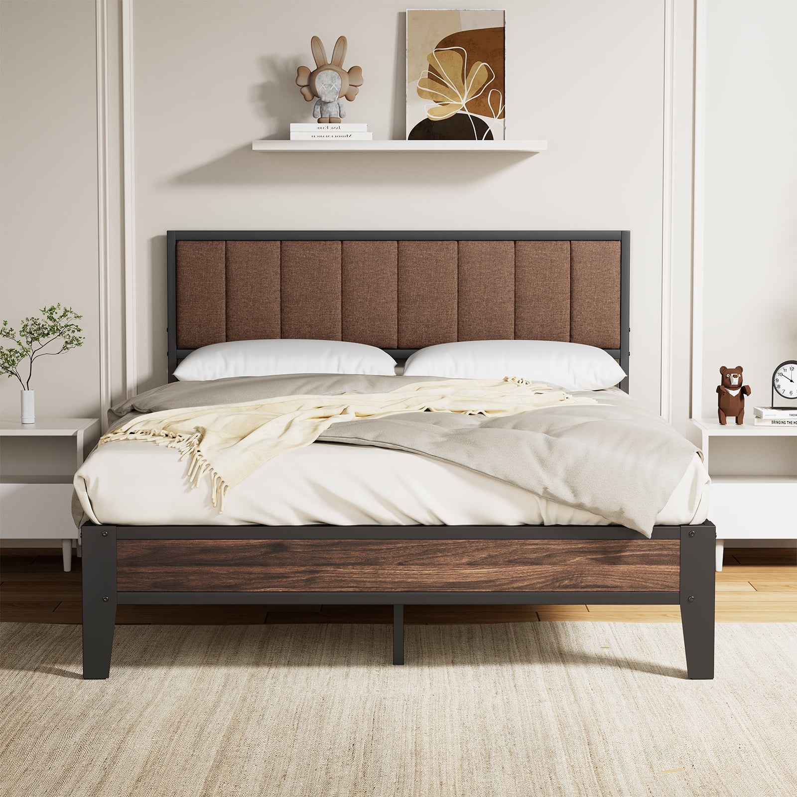Lusimo Full Size Platform Metal Bed Frame with Upholstered Headboard and Under-Bed Storage No Box Spring Needed, Brown