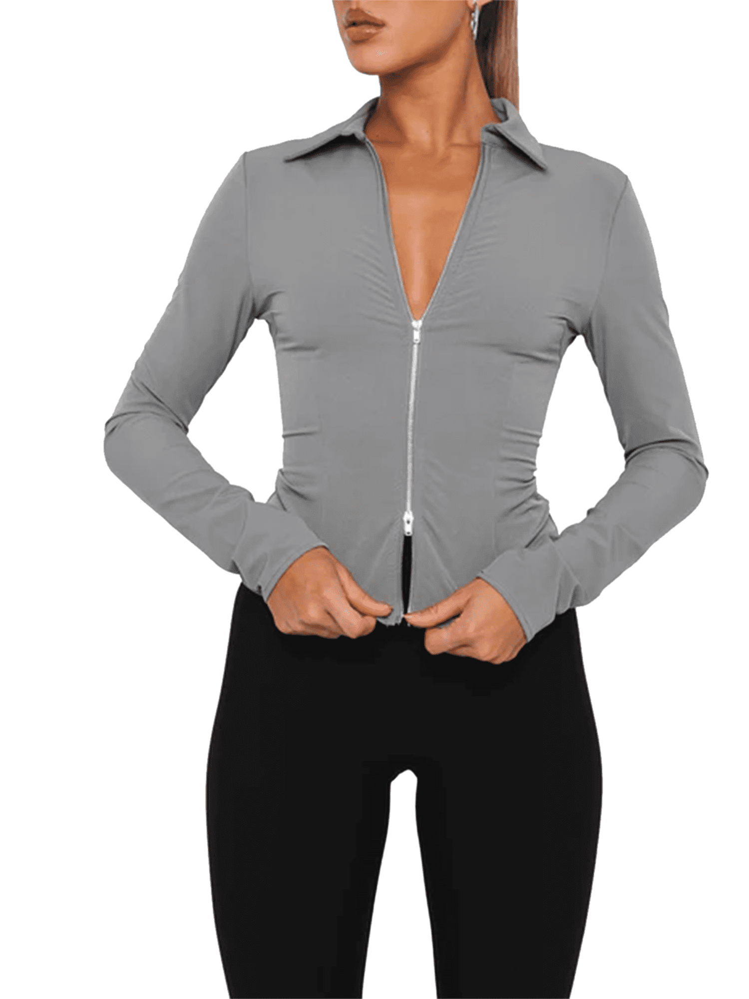 xiaxaixu Women Tops, Long Sleeve Turn-down Collar Zip-up Slim Fit