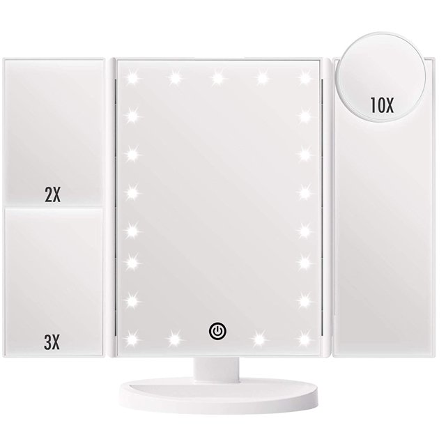 Trifold Led Lighted Makeup Mirror, 2X/3X/ Magnification Vanity Mirror with LED Lights, 360° Rotation Touch Screen Cosmetic Mirrors and Dual Power Supply-White