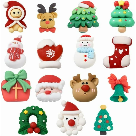 90Pcs 15 Styles Christmas Cabochons Holiday Resin Charms Bulk Assorted Flatback Green Red Winter Xmas Snowman Tree Socks Santa Claus Cabochon Crafting Jewelry Making Decorations Mixed Color