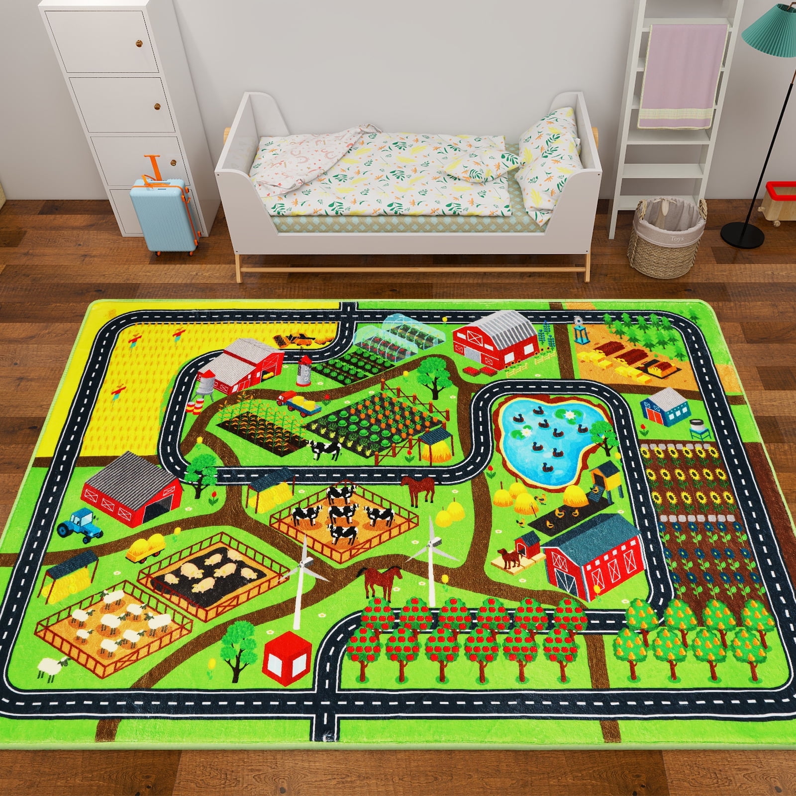 Kids Rug Car Rug for Toy Cars,Farm Life Road Traffic for Playroom Kid Car Road Rug Village Map Play Mat Non-Slip Washable Play Rug for Toddler Boy Family Tummy Time Playtime