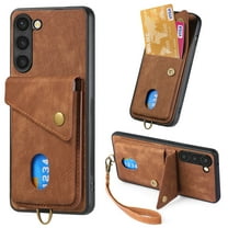 For Samsung Galaxy S24 FE Wallet Case, Premium PU Leather Back Cover Cards Holder Stand Compatible with Car Mount RFID Blocking Hand Wrist Full Protective Phone Case for Women Girls, Brown