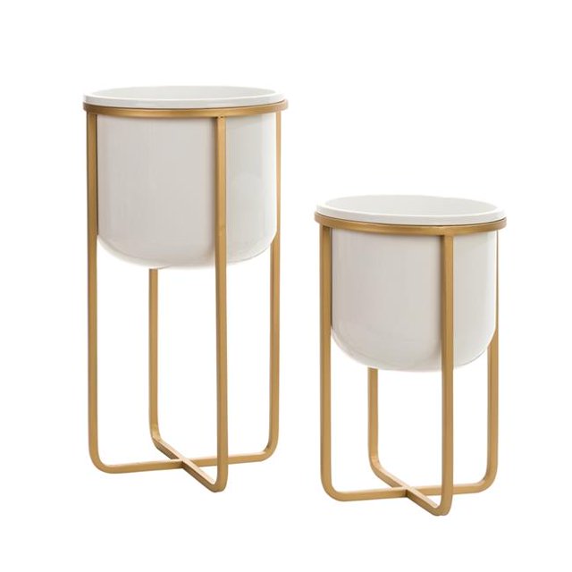 Aspire 8224 Rizzy Mid Century Planters, White & Gold - Set of 2