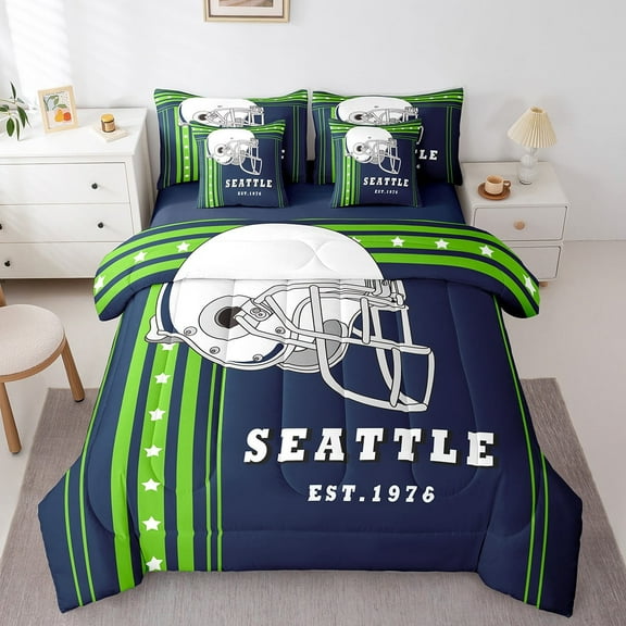 Full Size 7Pcs Bedding Sets American Football Comforter Set with Sheets, Football City Sports Theme Comforter Set Bed-in-a-Bag 7-Piece, Navy Blue Fluorescent Green (Seattle)