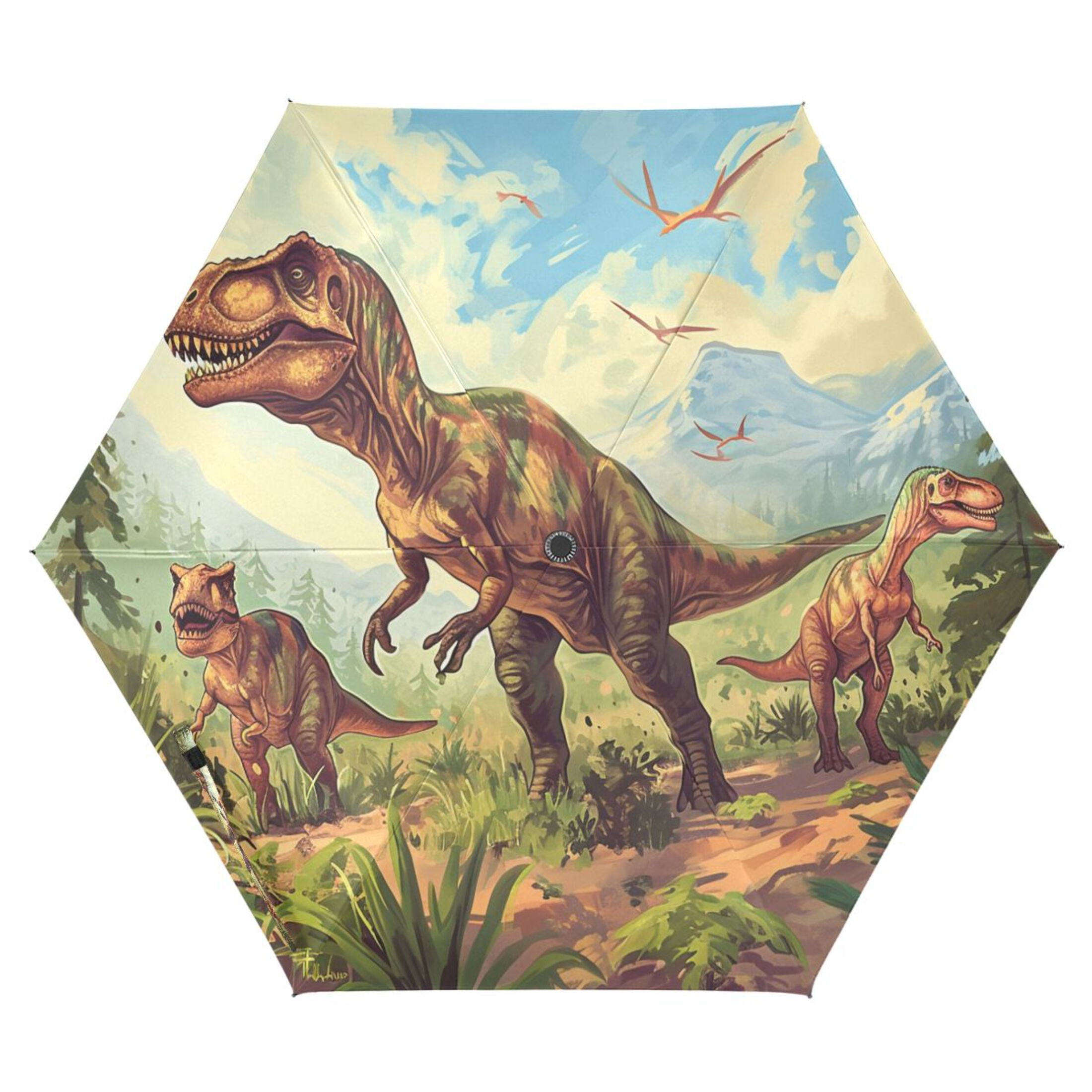 Tyrannosaurus and Pterodactyls in Jungle Compact Sun Umbrella Windproof Travel Umbrellas for Rain Strong Portable UV Protection