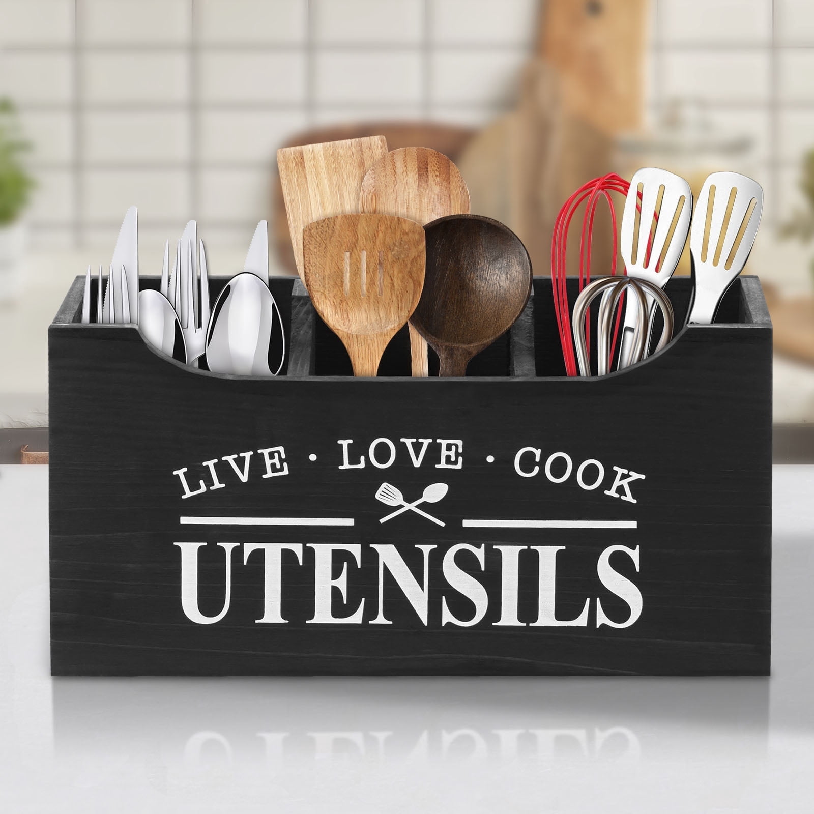 FUYGRCJ Kitchen Utensil Holder with Drainage Bottom, 3 Compartments Solid Real Wood Utensil Organizer for Kitchen Counter, Farmhouse Cooking Tools Storage for Home Countertop