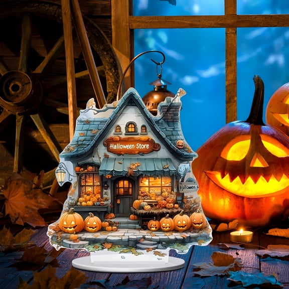 XIBUFE 2026 New Halloween Haunted House Figurine with Ghost Pumpkin for Indoor Outdoor Decoration,Battery Operated Led Light Resin Village Houses with Unique Design for Christmas,Party