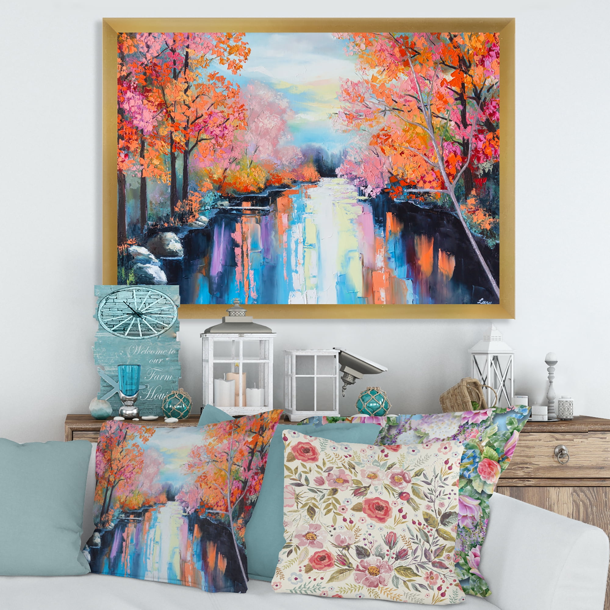 Designart 'The River Through Orange Autumn Forest' Lake House Framed Art Print