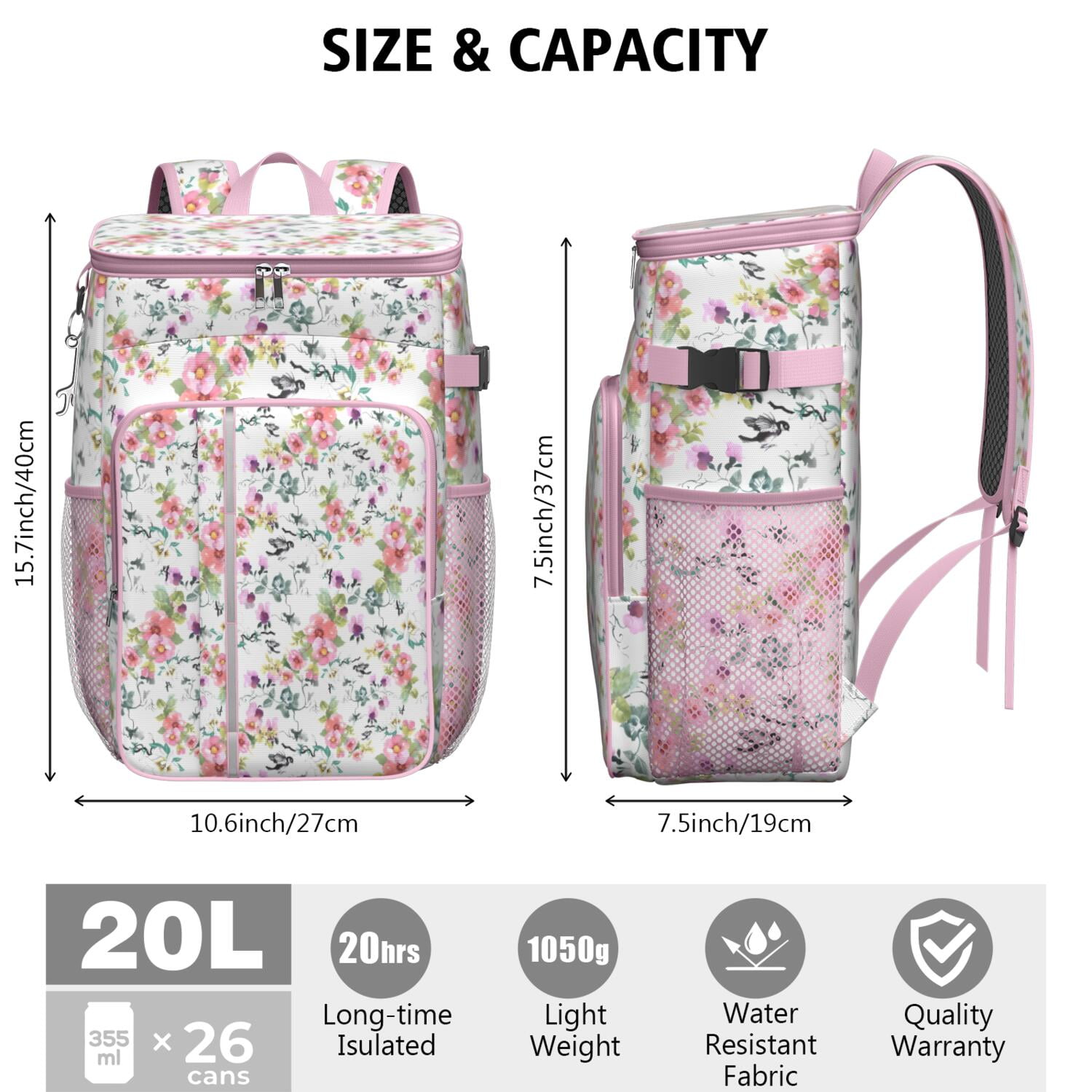 Travel Cooler Bag - Pioneer Flower Floral Print Pattern Camping Beer Cooler Backpack with Bottle Opener- Waterproof Insulated Picnic Backpacks - Cooler Bag for Beach