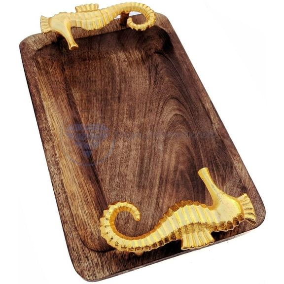 Nagina International Wooden Antique Dark Brown Seadragon's Crafted Handles Premium Natural Mango Wood Dinner Serving Kitchen Tray | Restaurant's Decor Wooden Platters