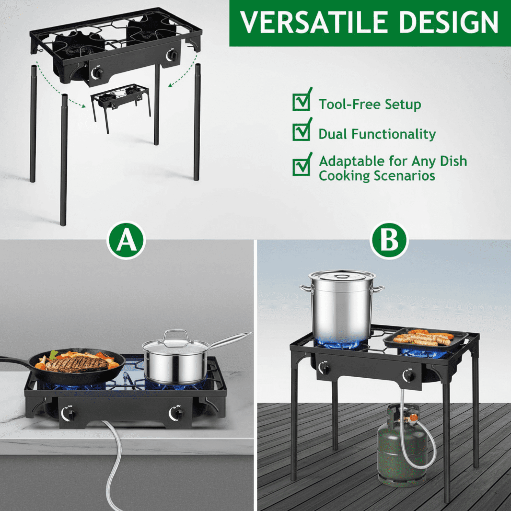 GVDV Outdoor Camping Stove, Double Burners Propane Gas Stove for Cooking BBQ Grill, 150,000-BTU, Black