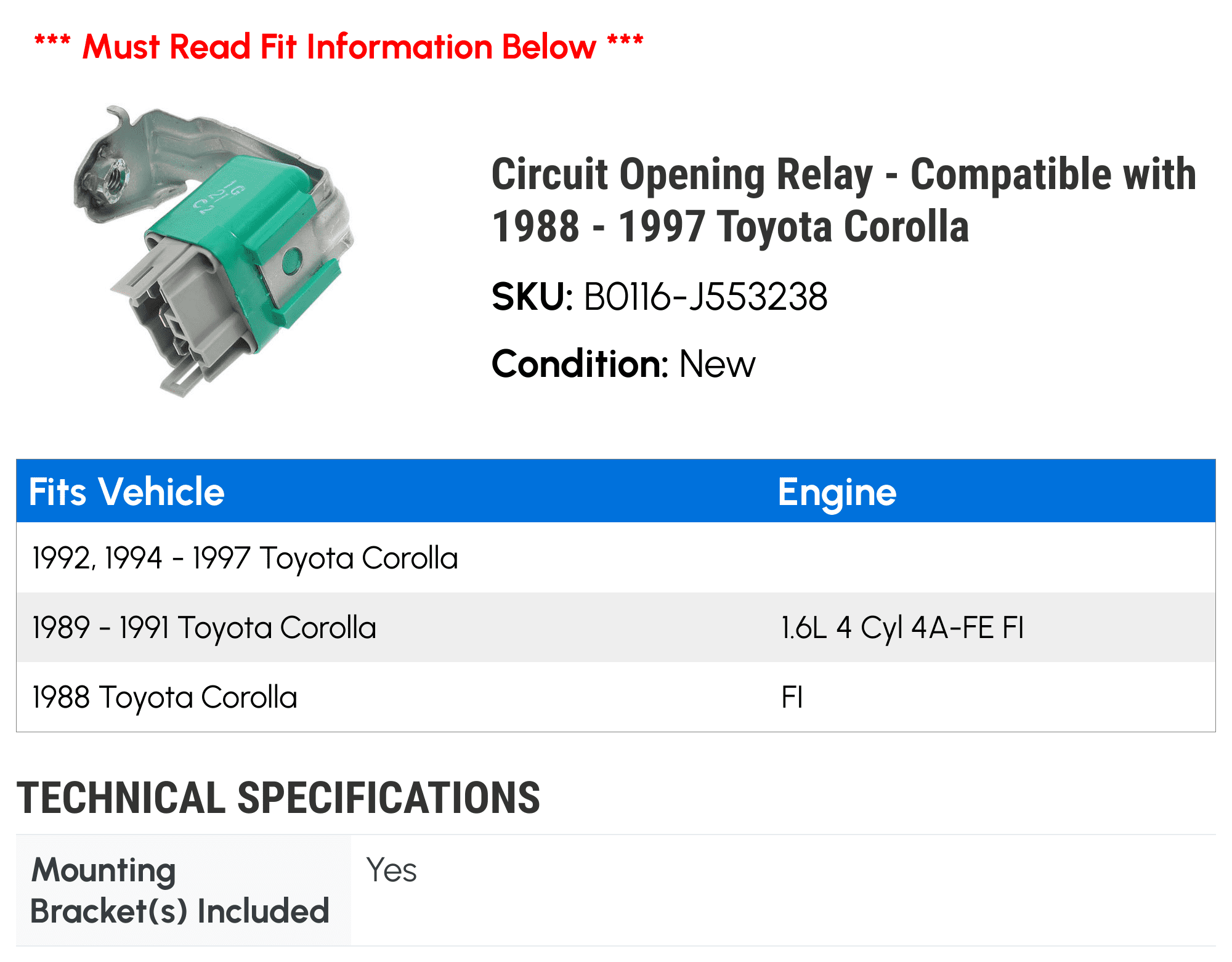 LALAです Circuit Opening Relay - Compatible with 1988 - 1997 Toyota