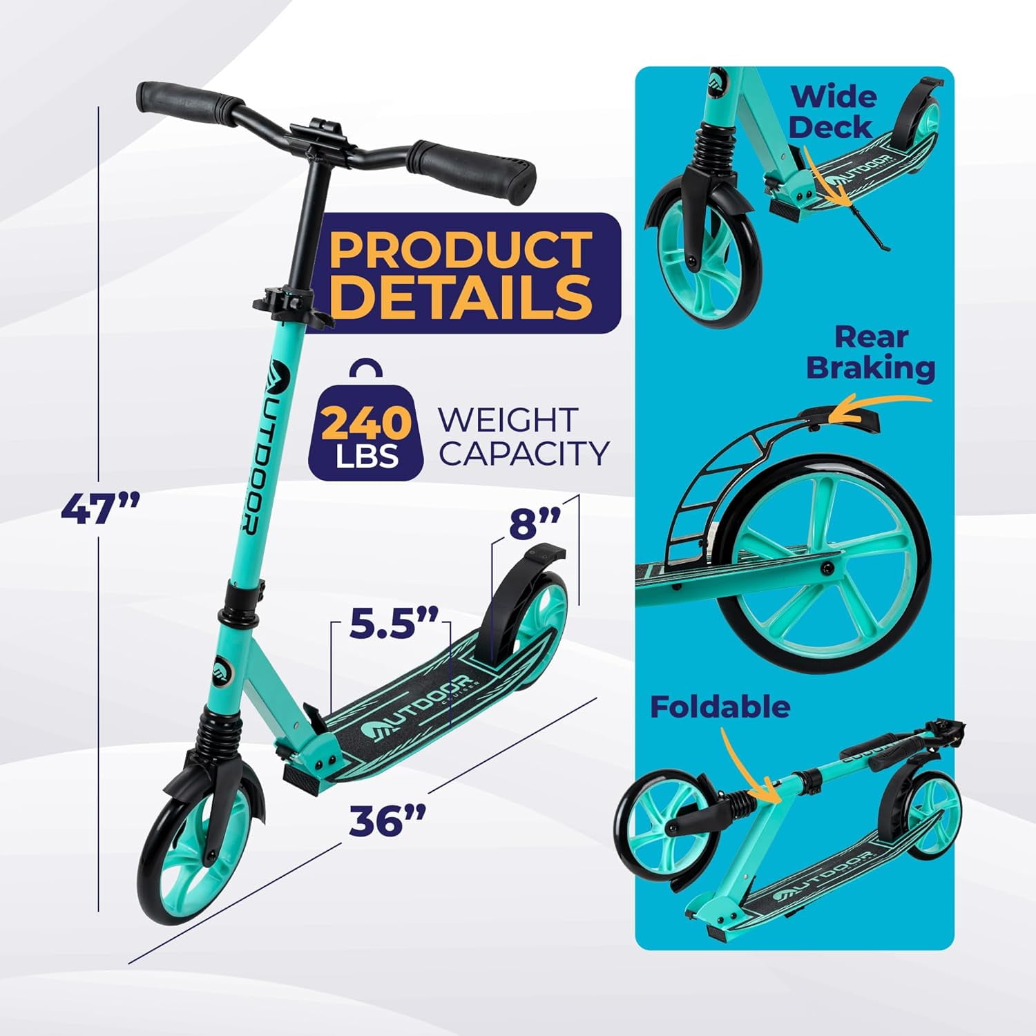 Outdoor Cruiser Kick Scooter for Ages 6+, for Kids, Teens, and Adults, Max Load 250 LBS, Foldable, 8-inch Big Wheels, Dual Suspension, 3 Adjustable Levels, Child Safety Approved, Yellow and Pink