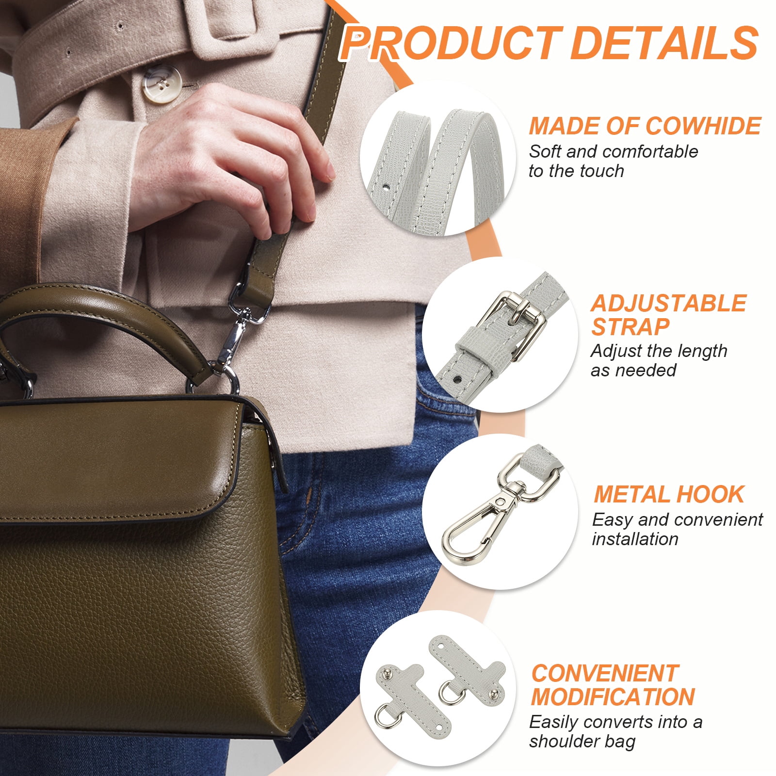 Leather Shoulder Strap, Adjustable Purse Straps Replacement Kit with Clasp for Handbag, Light Gray