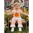 thumbnail image 4 of RUINIXCW Toddler Baby Girl Halloween Outfit Infant Baby Girl Summer Fall Clothes Cute Pumpkin Ghost Embroidery Short Sleeve Plaid Shirt Tops Flared Pants Set, 4 of 9