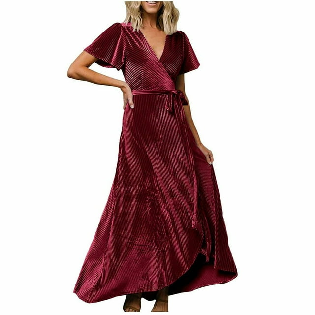 Womens Surplice Long Dresses V-Neck Short Sleeve Solid Color Party Formal Maxi Dress Homecoming Dresses