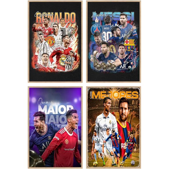 Soccer Superstar Ronaldo Poster, Messi Poster Canvas Wall Art Souvenir (Set of 4 Unframed 08 in. X 12 in.)