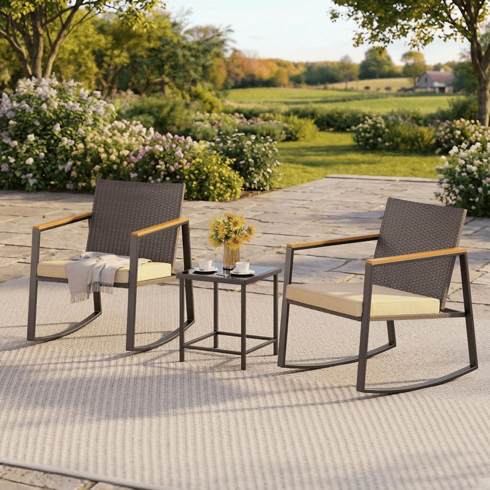 3 PCS Wicker Patio Set, Wicker Rattan Chairs and Tempered Glass Table, for Porch, Balcony, Backyard- Includes Beige Cushions