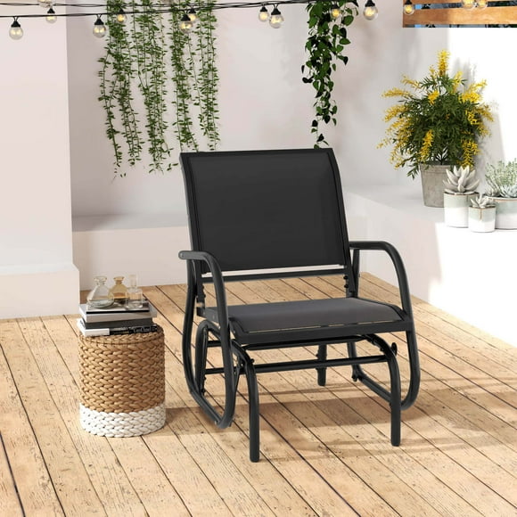 Costway Fauteuil Berçant à Glissière Simple d'Extérieur avec Accoudoirs pour Jardin, Porche, Cour Arrière, Noir