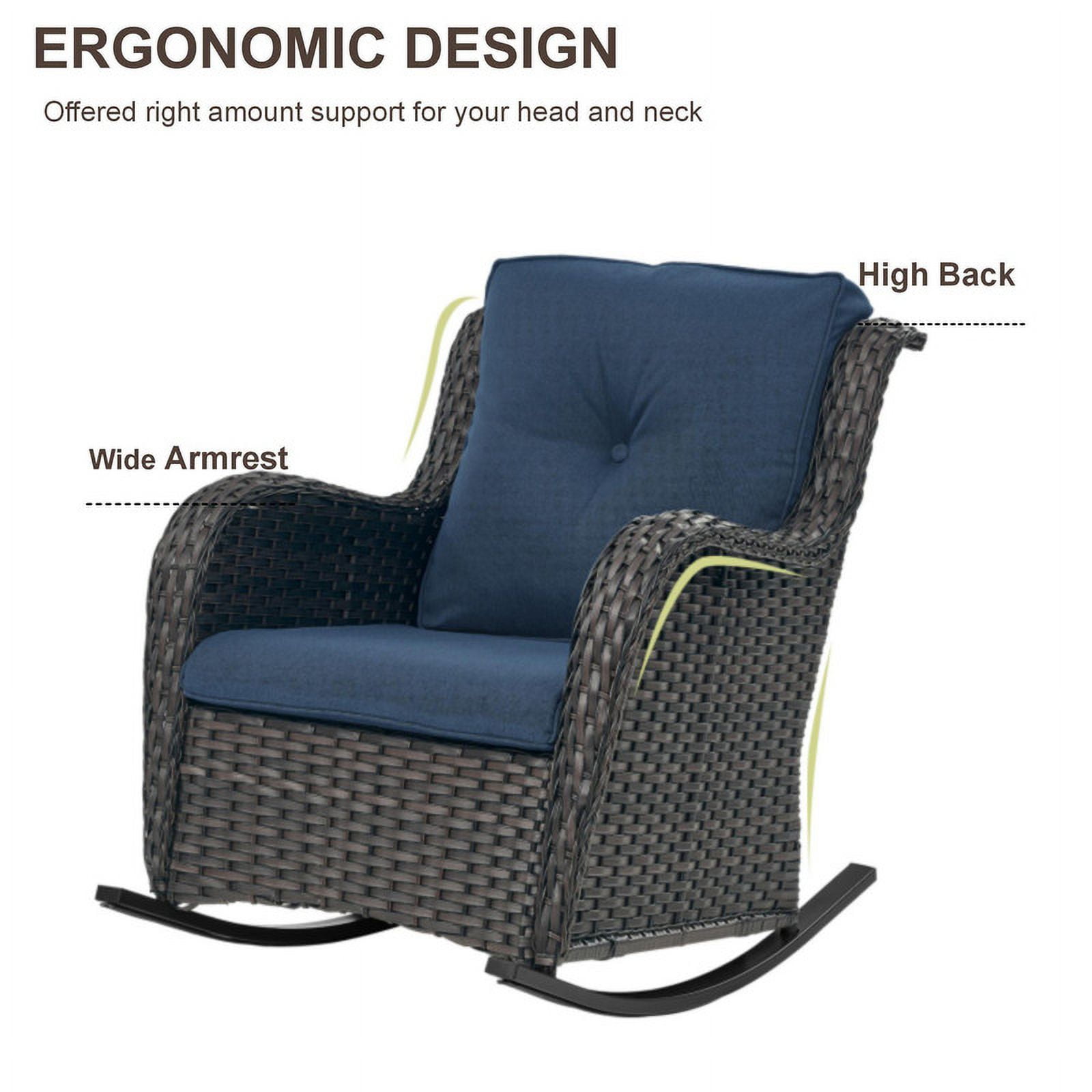 PARKWELL Outdoor Wicker Rocking Chair - Rattan Patio Rocker Chairs with Cushions and Steel Frame - Set of 2 - Blue