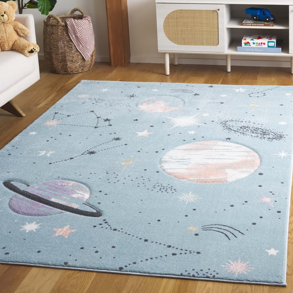 SAFAVIEH Carousel Kids Planets and Stars Area Rug, Teal/Orange, 5'3" x 5'3" Square