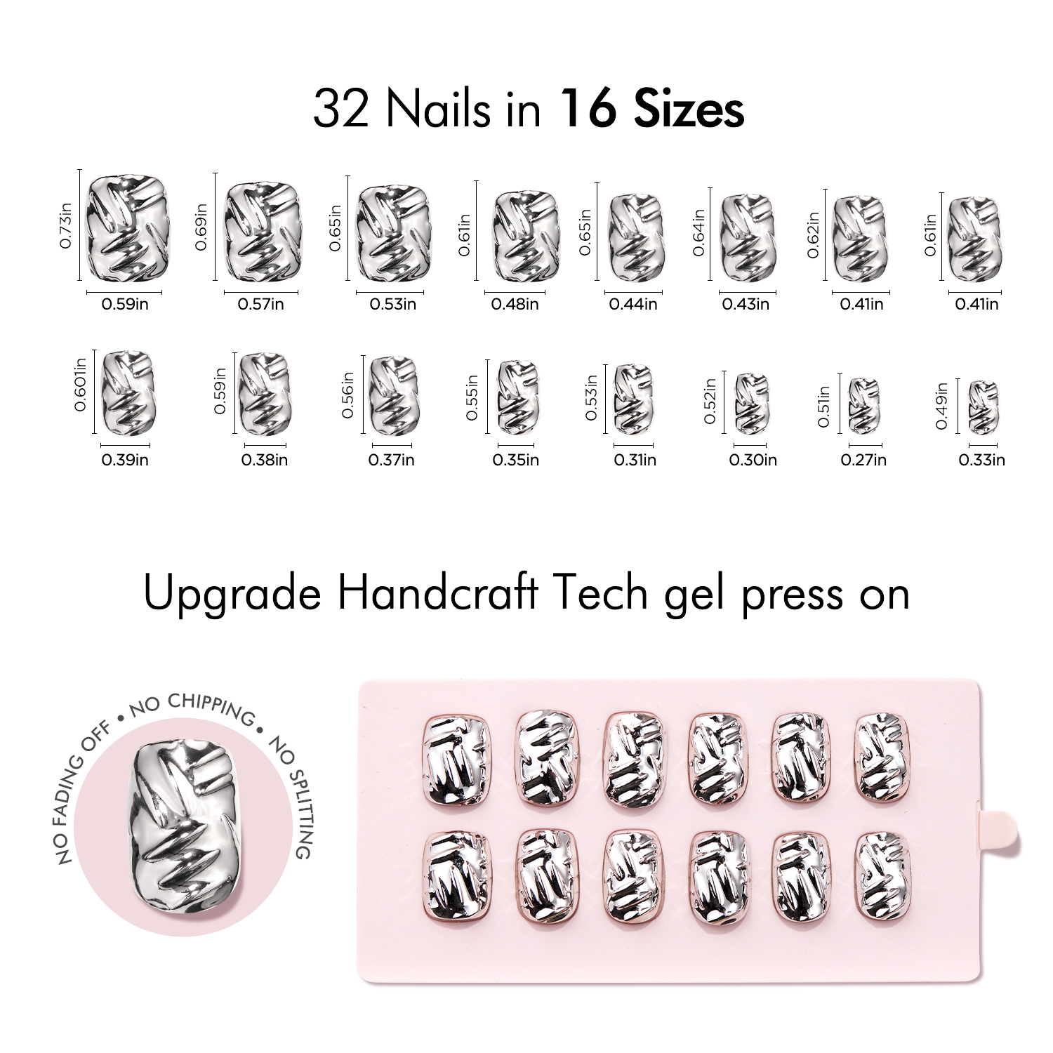 VSALON Press on Nails Short Square - Metallic Chrome 3D Sculpting Glue On Nails, Halloween Reusable Opaque Fake Nails with Quick Dry Glue, Protector Oil - 32 PCS Stick On Nails in 16 Sizes (Armor)