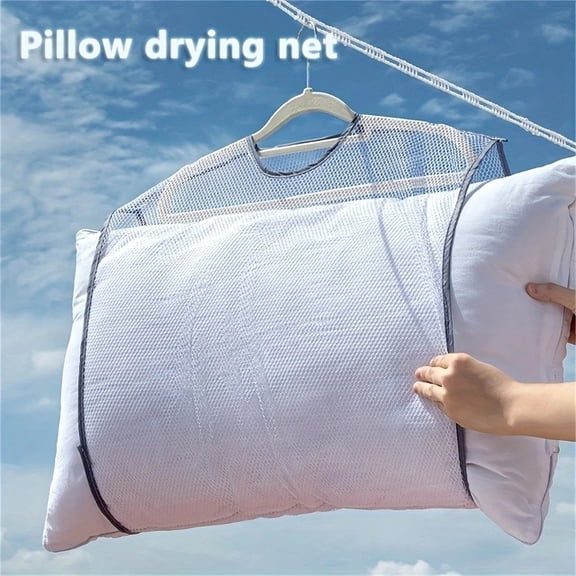2-Pack Double-Layer Pillow Drying Bags, Large Foldable Mesh Holder for Stuffed Toys & Bedding, Windproof Laundry Drying Rack with Storage Pouch