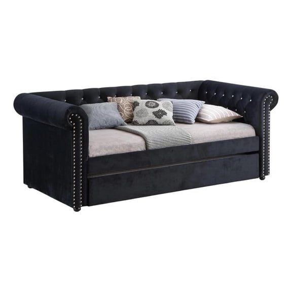 Benjara Loe Daybed w Pull Out Trundle- Chesterfield Black Velvet Upholstery
