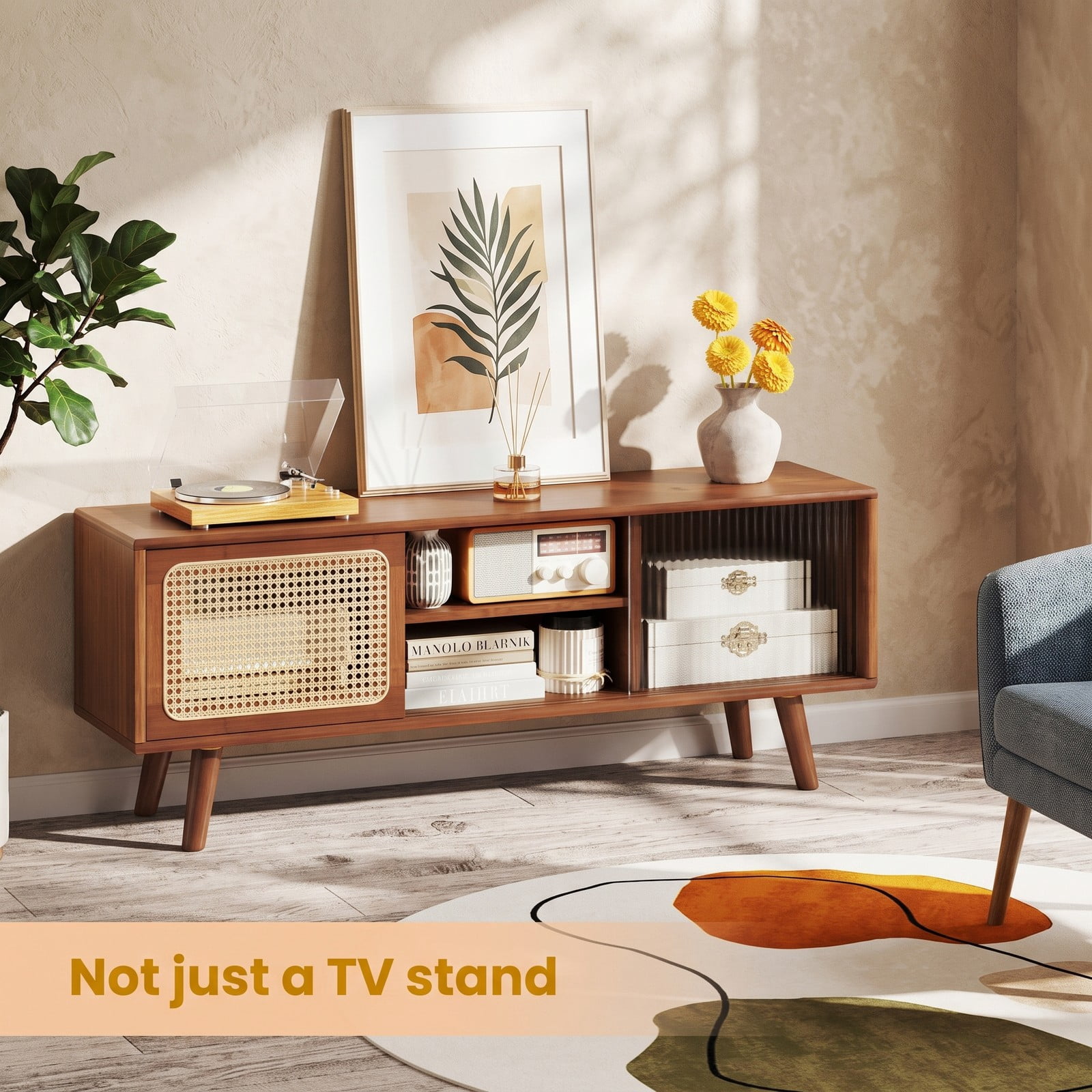 Furnibear Modern TV Stand for TVs up to 55 Inch, Bamboo Entertainment Center with Rattan Tempered Glass Sliding Doors, Adjustable Shelf & Cable, Natural Brown