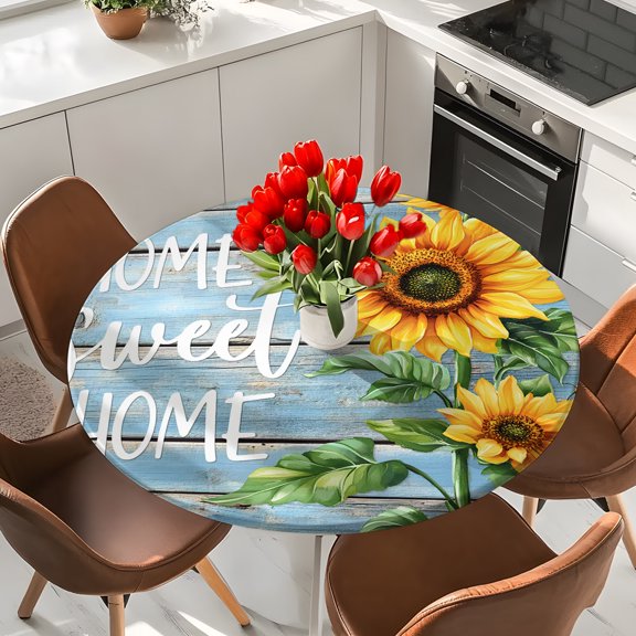 Blue Sunflower Bee Elastic Fitted Round Tablecloth Vintage Wooden Texture Waterproof Outdoor Table Cover for Holiday Party, Picnic, Patio & Dining Fits Tables Up to 36"-44"