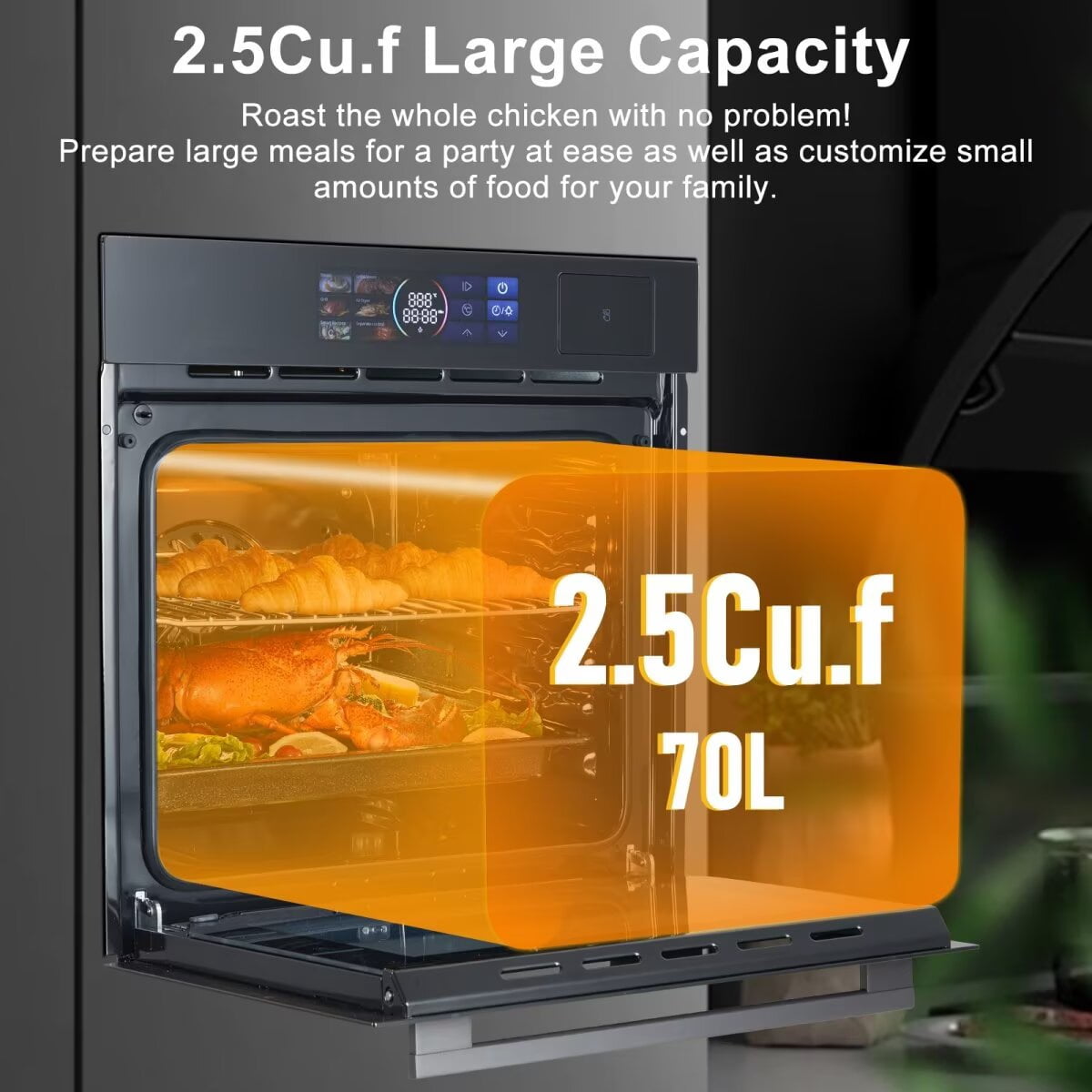 Single Wall Oven 24", Built-in Electric Ovens with Steam & Grill & Air Frying Mode, 2.5Cu.ft Convection Built-in Oven, Colorful Touch Screen, Stainless Steel