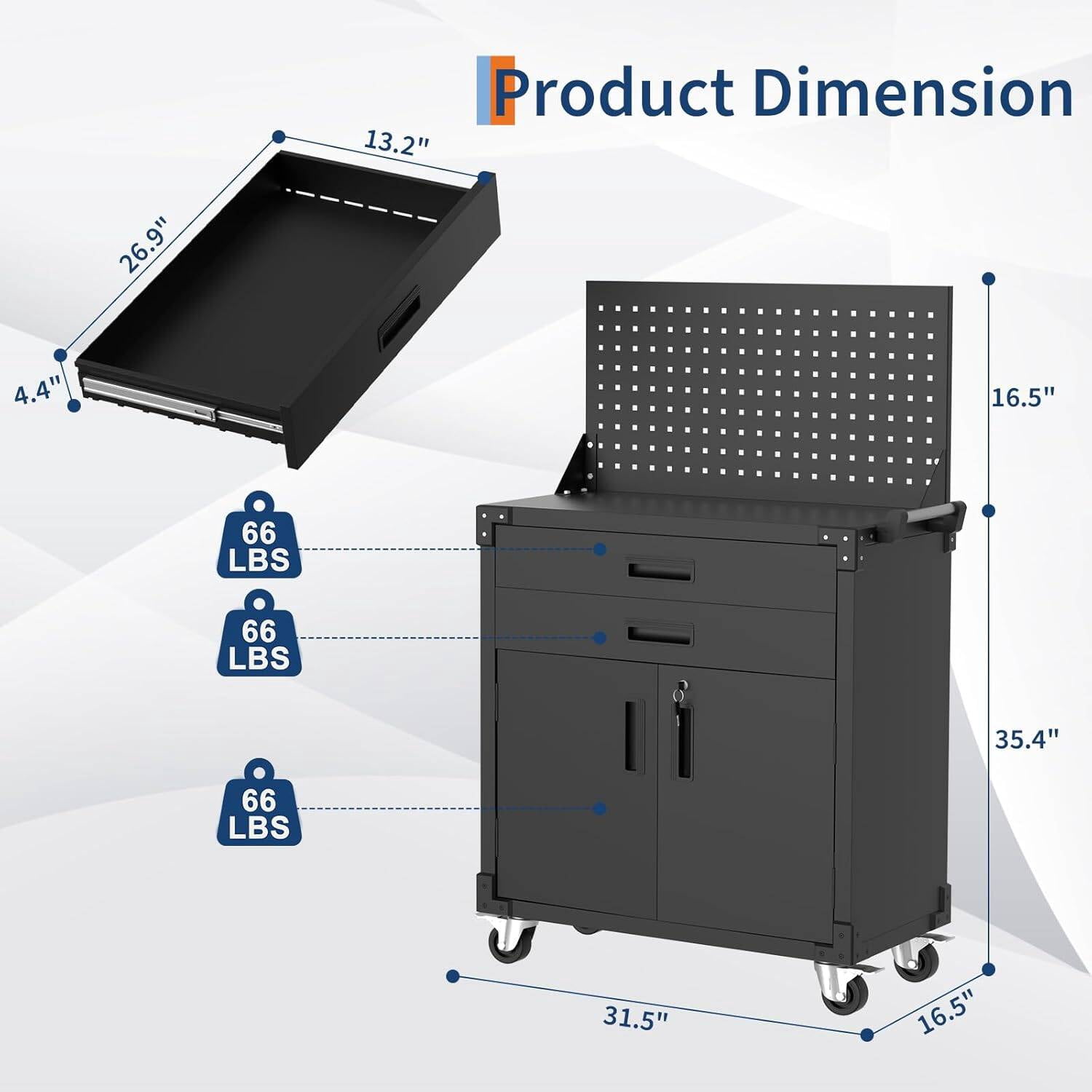 Garvee Rolling Tool Box with Drawers, Toolbox Organization W/Pegboard & Adjustable Shelf for Office, Home, Garage, Black